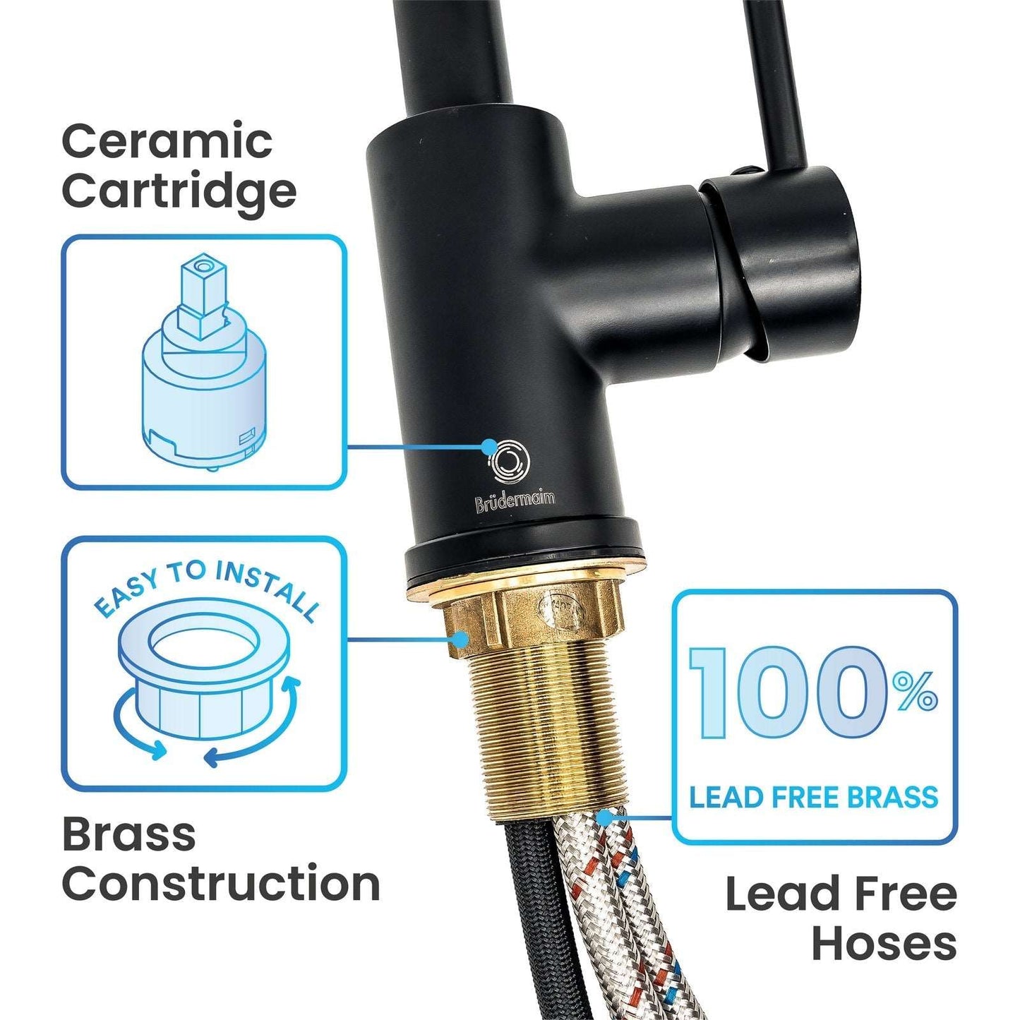 6pcs Box - Pulldown Kitchen Faucet - BRÜDERMAIM Döretz - Matte Black - Lead Free Brass - cUPC Certified - Ceramic Cartridge