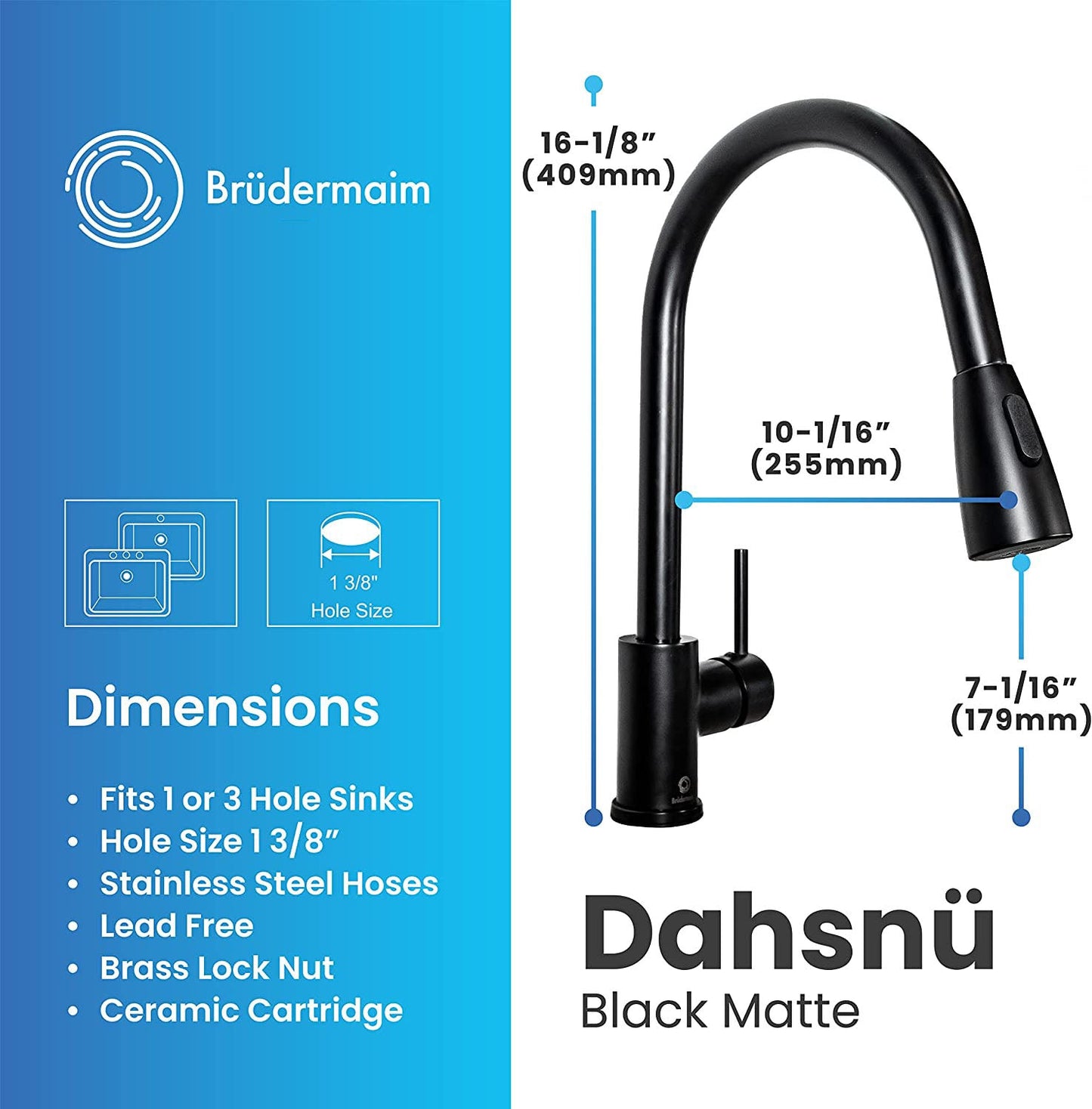 6pcs Box - Pulldown Kitchen Faucet - BRÜDERMAIM Dahsnü - Matte Black - Lead Free Brass - cUPC Certified - Ceramic Cartridge.