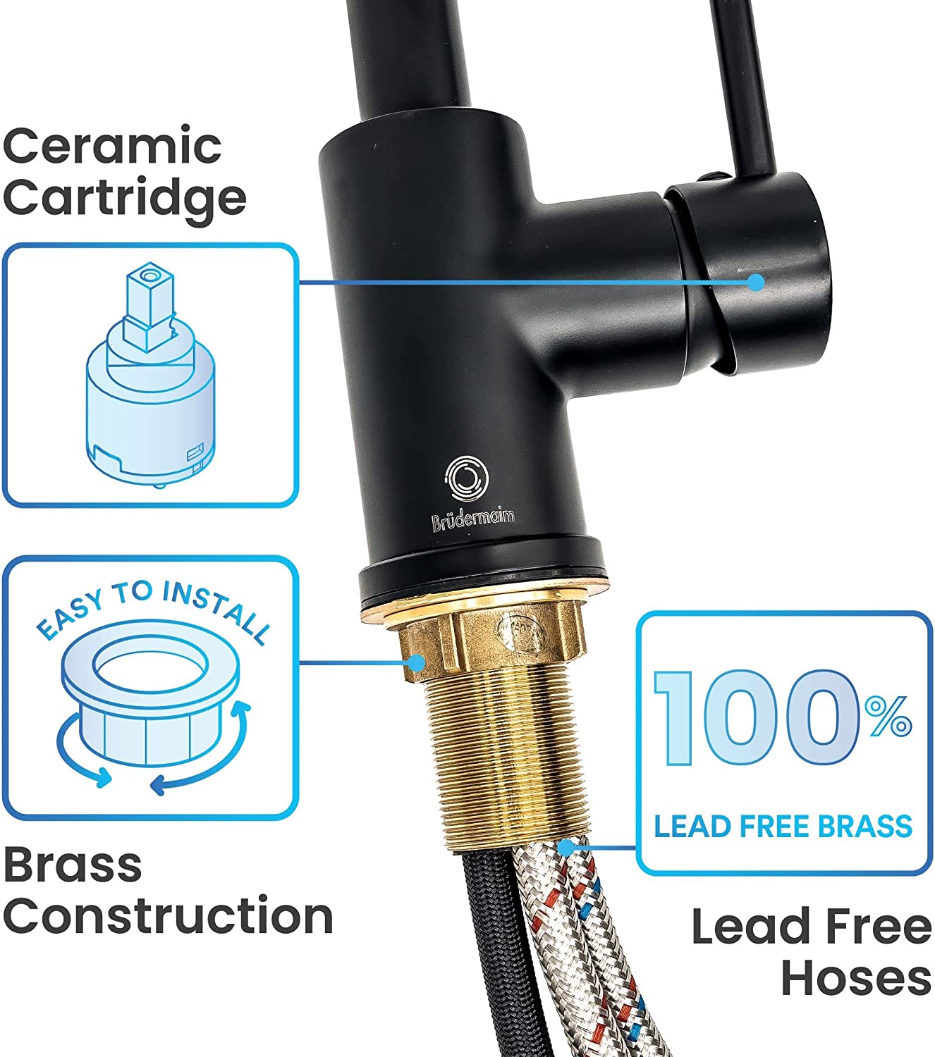 6pcs Box - Pulldown Kitchen Faucet - BRÜDERMAIM Dahsnü - Matte Black - Lead Free Brass - cUPC Certified - Ceramic Cartridge.