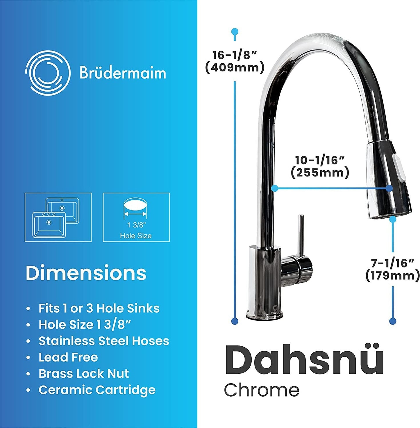 6pcs Box - Pulldown Kitchen Faucet - BRÜDERMAIM Dahsnü - Chrome - Lead Free Brass - cUPC Certified - Ceramic Cartridge.