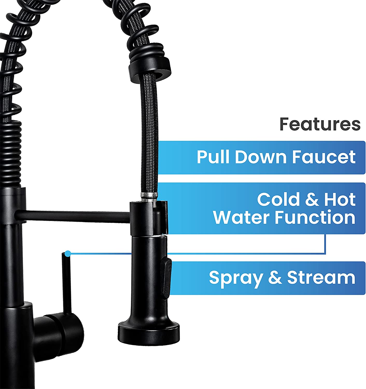 6pcs Box - Pulldown Kitchen Faucet - BRÜDERMAIM Döretz - Matte Black - Lead Free Brass - cUPC Certified - Ceramic Cartridge.