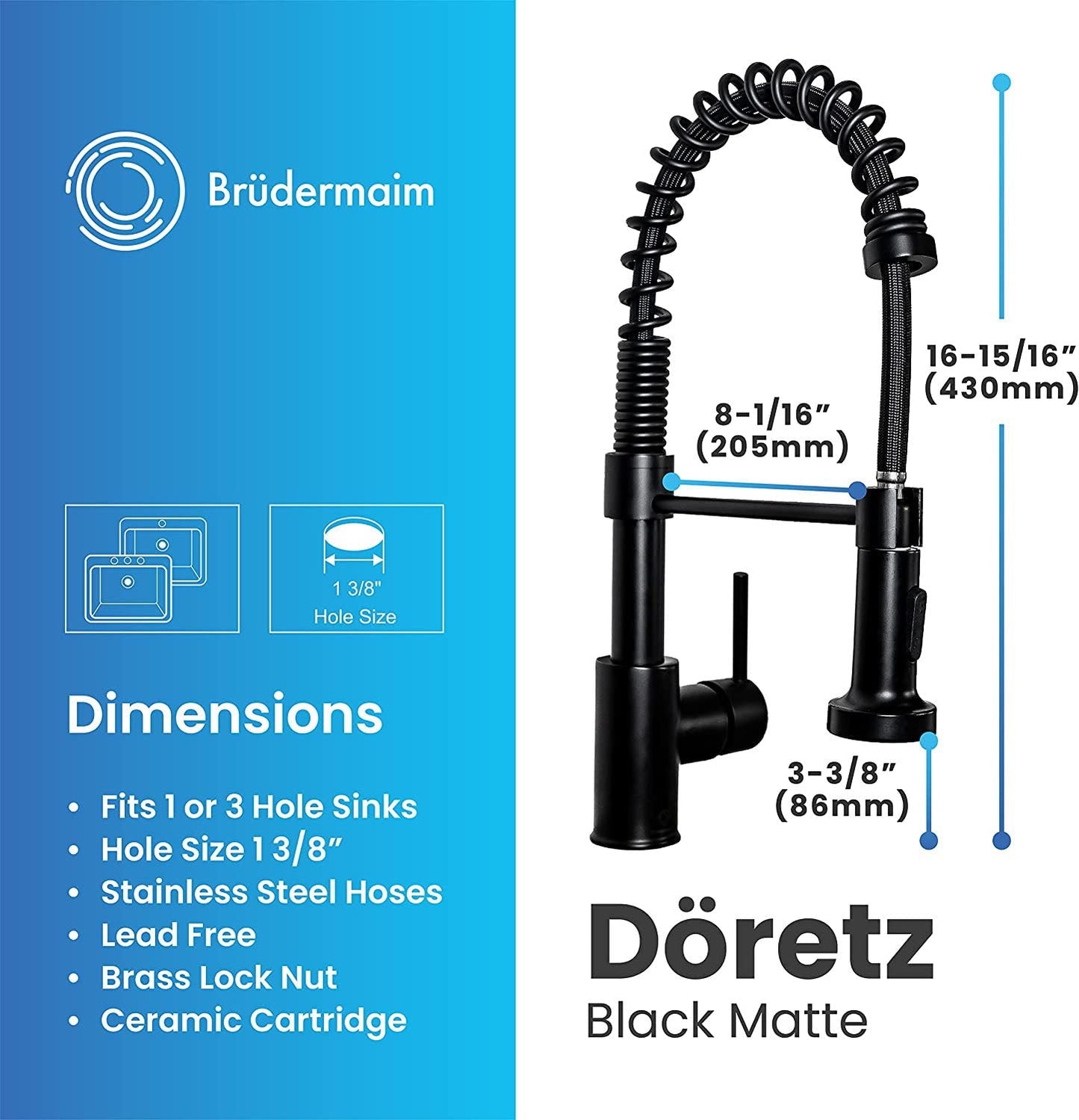 6pcs Box - Pulldown Kitchen Faucet - BRÜDERMAIM Döretz - Matte Black - Lead Free Brass - cUPC Certified - Ceramic Cartridge.