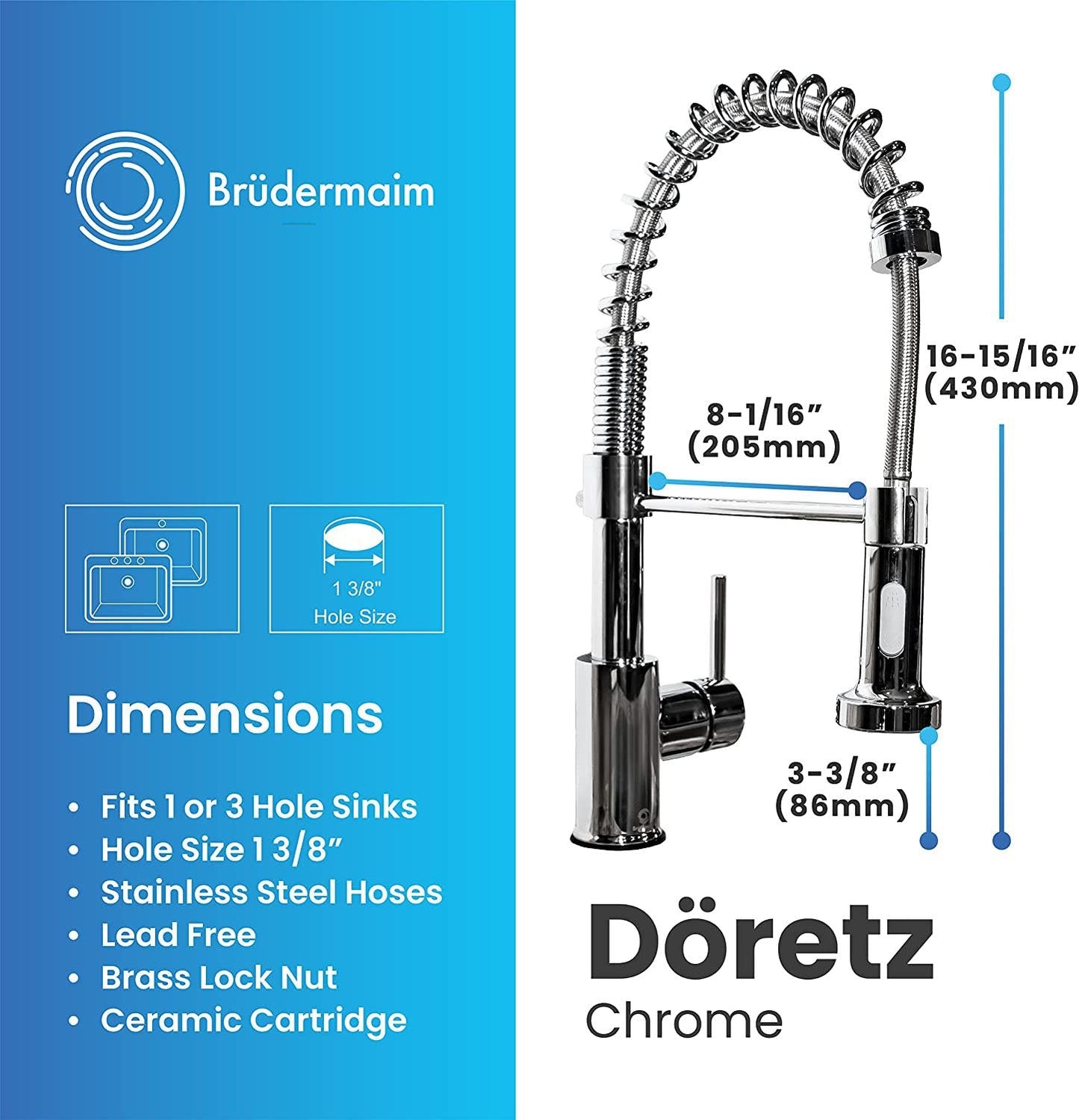 6pcs Box - Pulldown Kitchen Faucet - BRÜDERMAIM Döretz - Chrome - Lead Free Brass - cUPC Certified - Ceramic Cartridge.