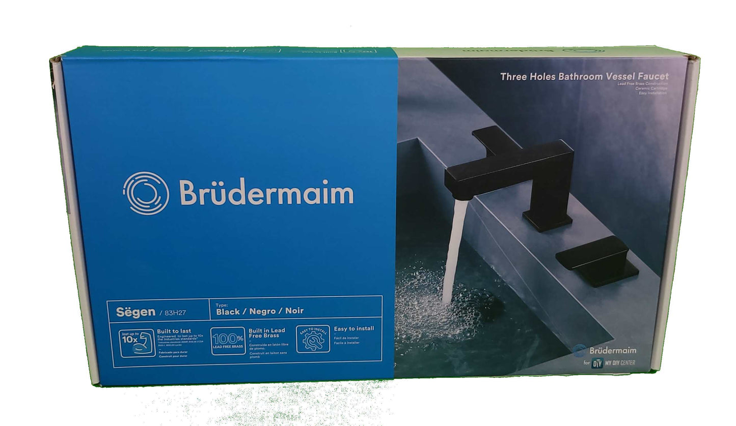 8pcs Box - Three Holes Vessel Lavatory Faucet - BRÜDERMAIM Sëgen- Matte Black - Lead Free Brass - WaterSense and cUPC Certified - Ceramic Cartridge