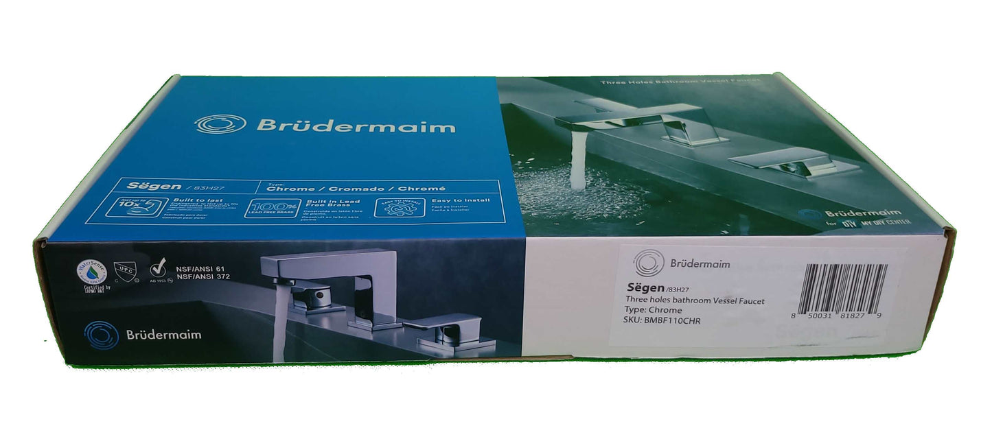 8pcs Box - Three Holes Vessel Lavatory Faucet - BRÜDERMAIM Sëgen- Chrome- Lead Free Brass - WaterSense and cUPC Certified - Ceramic Cartridge