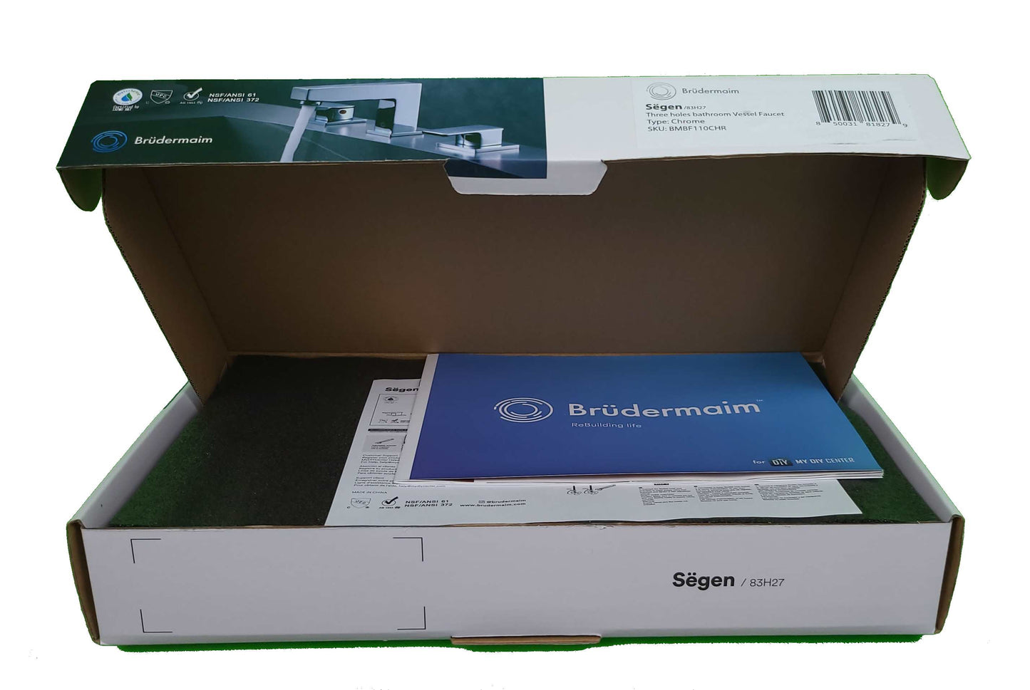 8pcs Box - Three Holes Vessel Lavatory Faucet - BRÜDERMAIM Sëgen- Chrome- Lead Free Brass - WaterSense and cUPC Certified - Ceramic Cartridge