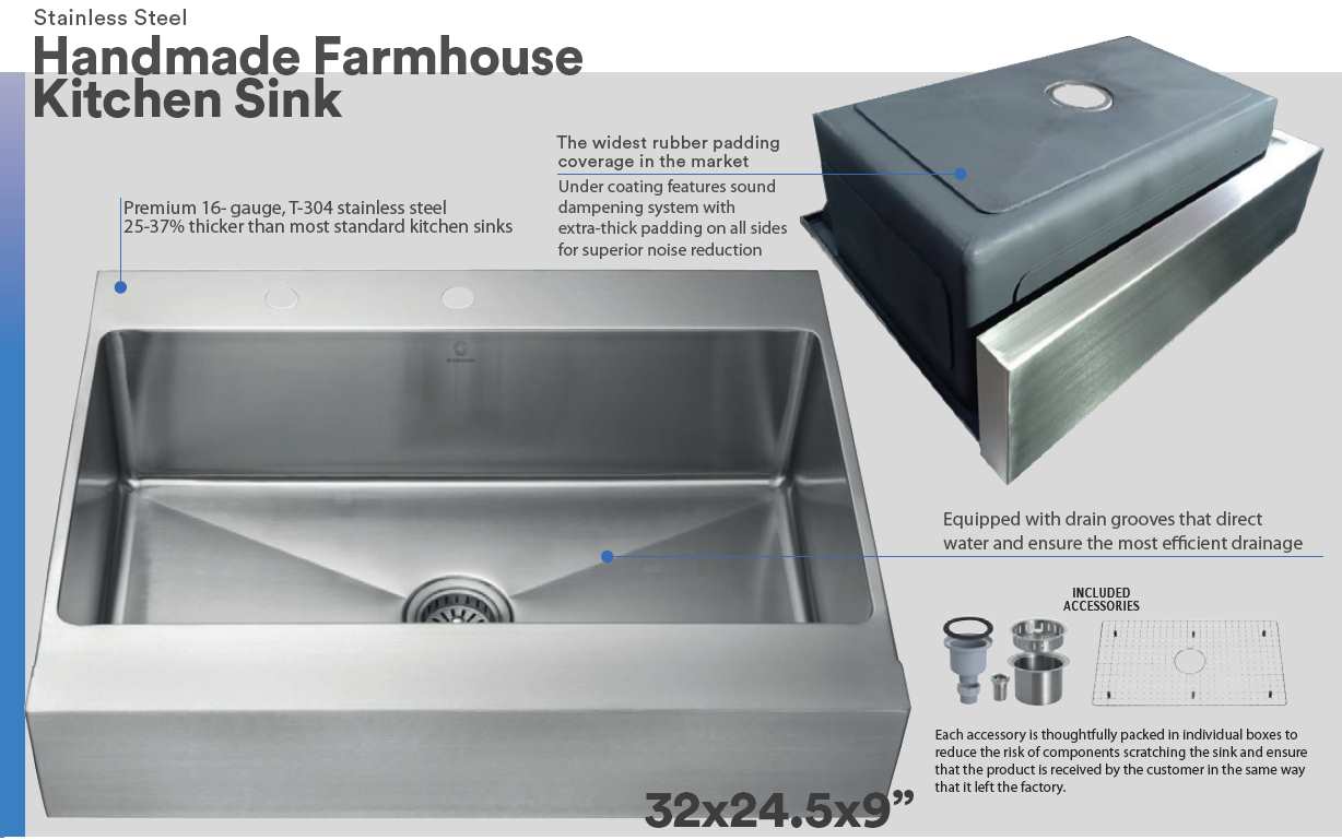 6pcs combo - Kitchen Sink - Stainless Steel - BRUDERMAIM 32x25x9  Inch 16 gauge Handcrafted T304 Stainless Steel Farmhouse Apron Kitchen Sink Single Bowl