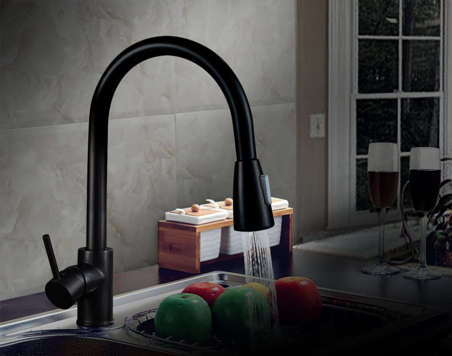 6pcs Box - Pulldown Kitchen Faucet - BRÜDERMAIM Dahsnü - Matte Black - Lead Free Brass - cUPC Certified - Ceramic Cartridge