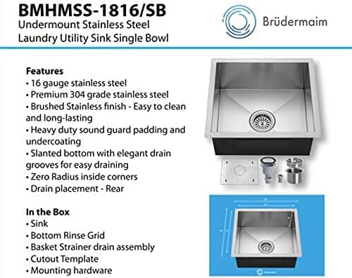 6pcs Combo  - Kitchen Sink - Stainless Steel - BRUDERMAIM 18x16x8 Inch 16 gauge Handcrafted T304 Stainless Steel Undermount Kitchen Sink Zero Radius Single Bowl.