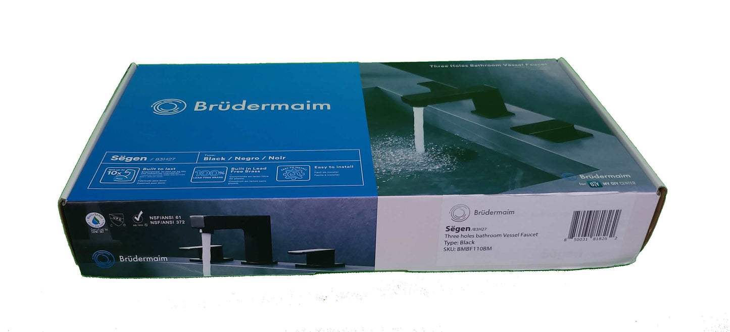 8pcs Box - Three Holes Vessel Lavatory Faucet - BRÜDERMAIM Sëgen- Matte Black - Lead Free Brass - WaterSense and cUPC Certified - Ceramic Cartridge